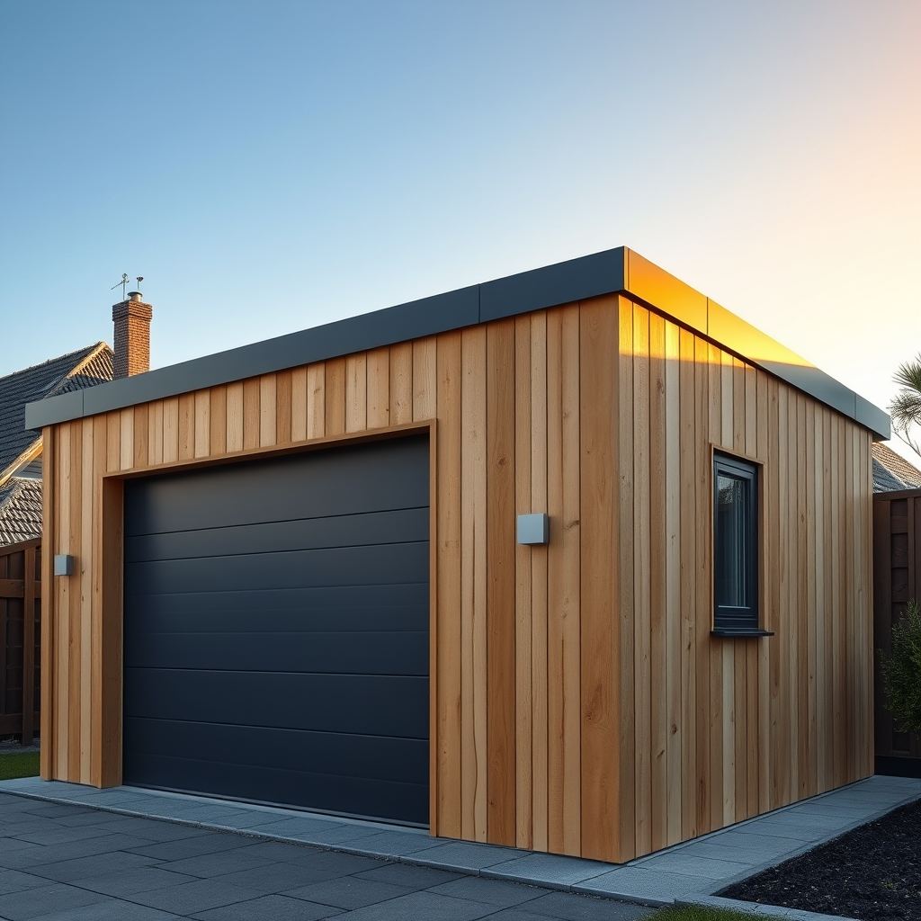 Timber garage seen from the corner, with an anthracite sectional door and a PVC window
