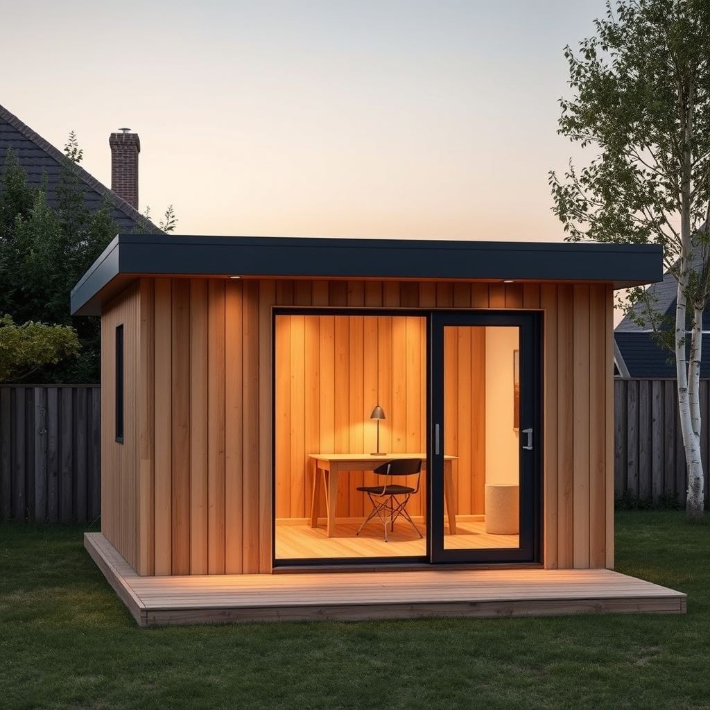 Timber garden studio with a flat roof and a glass front, lit in the evening