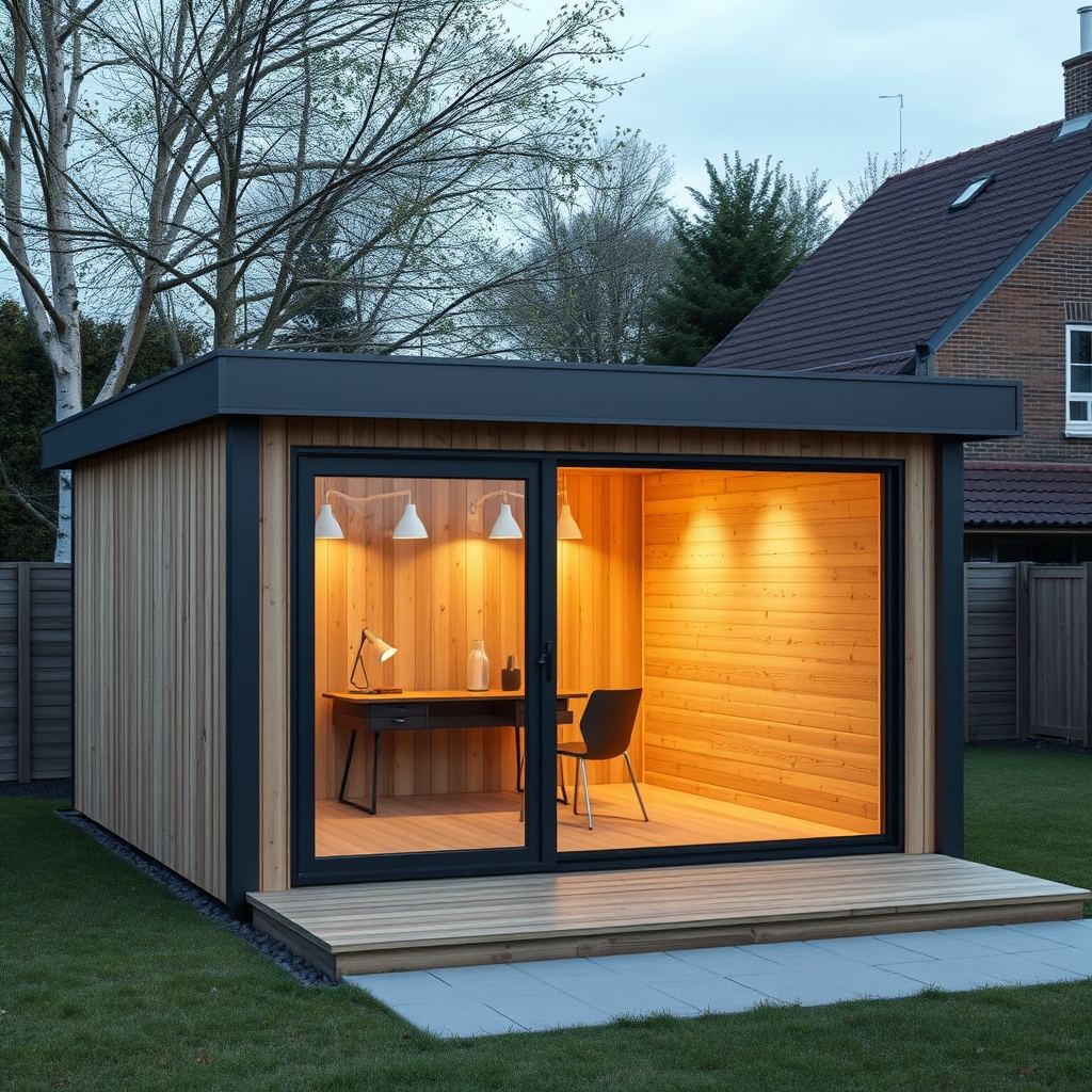 Timber garden studio with a large glass front and a desk inside